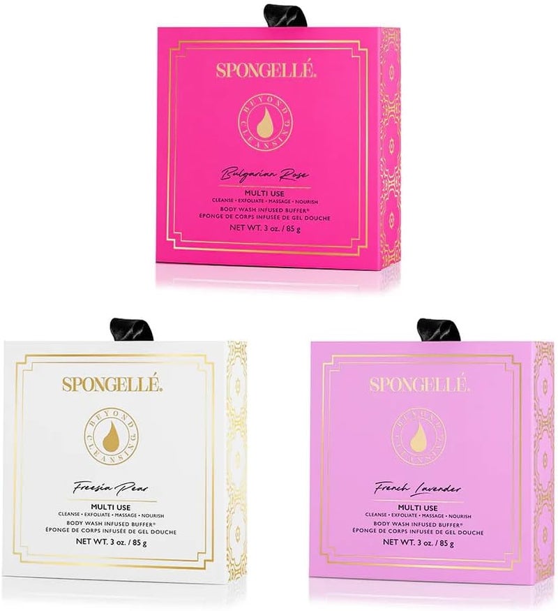 SPONGELLÉ Spongelle Wild Flower Buffer Body Scrubber Bundle with Box | Bath & Shower Loofah for Women | Exfoliator with Body Wash Infused | 14+ uses (Bulgarian Rose, French Lavender, Freesia Pear) - Image 1